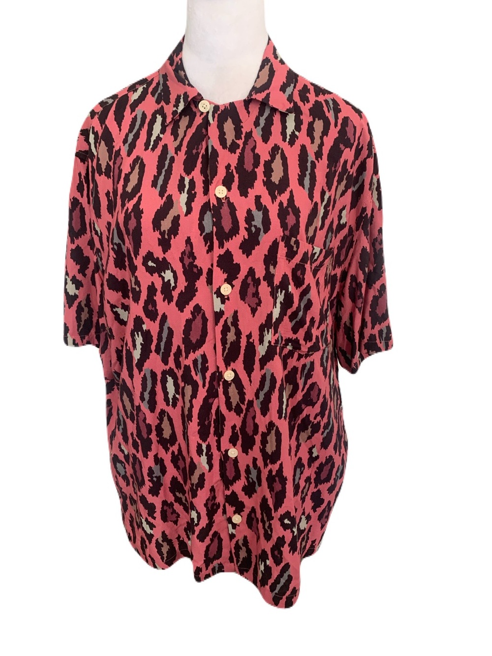 AllSaints Men’s Large Pink & Black Leopard Print Viscose Light Button-Up Shirt